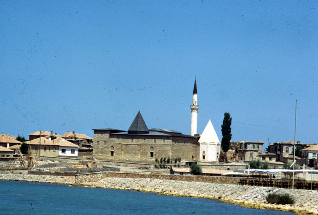Mosque seen across Beysehir lake