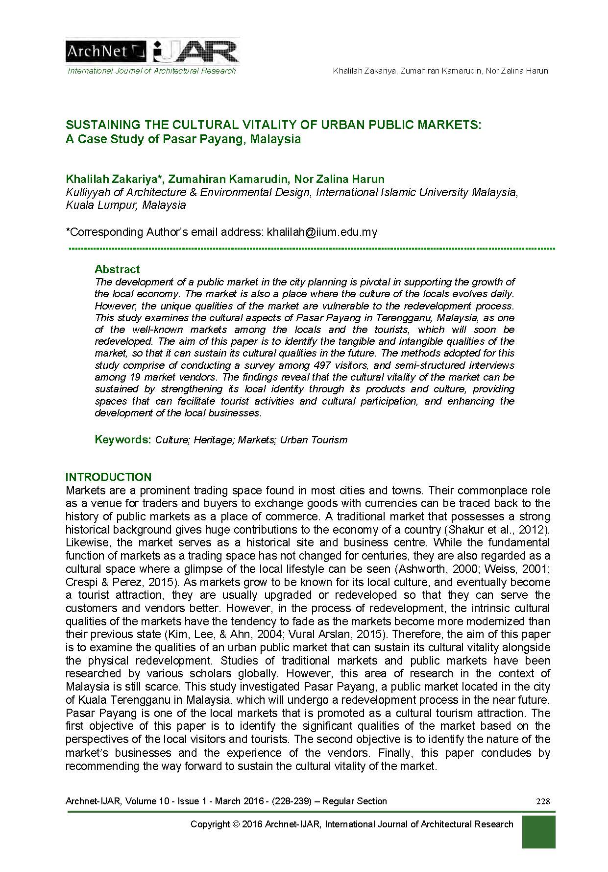 SUSTAINING THE CULTURAL VITALITY OF URBAN PUBLIC MARKETS: A Case Study of Pasar Payang, Malaysia