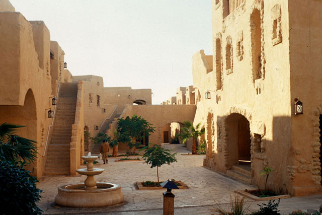 Exterior view, showing exits form courtyard