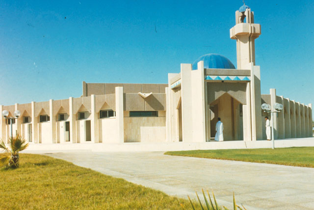 Exterior view showing projecting domed entrance and minaret
