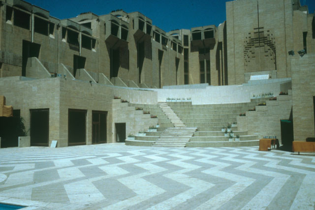 Exterior view showing fascistic approach to abstracted muqarnas design