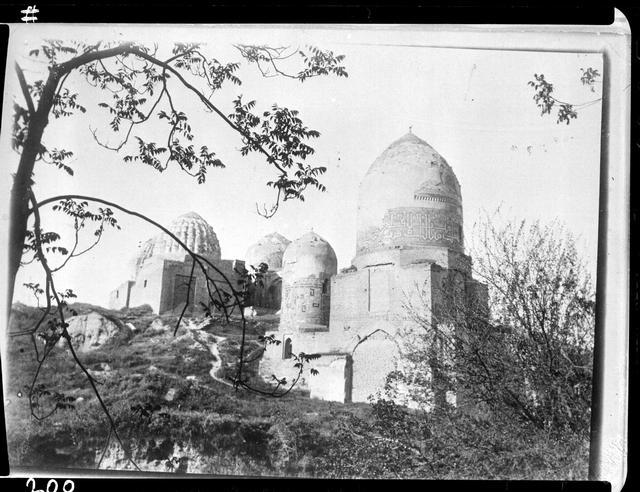 View from the southwest. Up the hill on the left is the Amirzadeh mausoleum with the ribbed dome