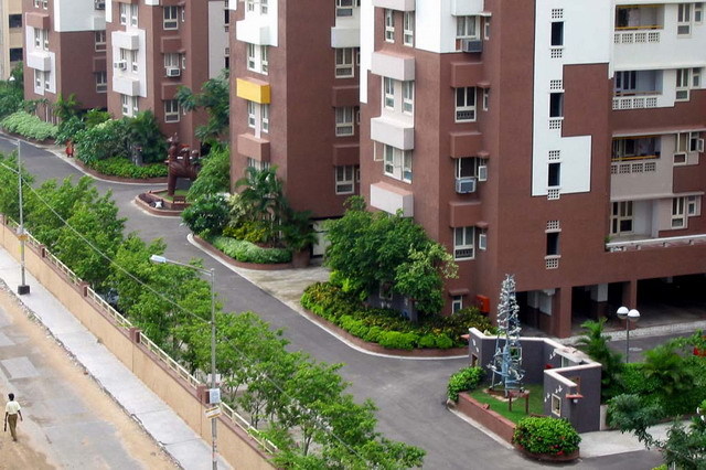 Elevated view of Udita apartment blocks showing interior roads