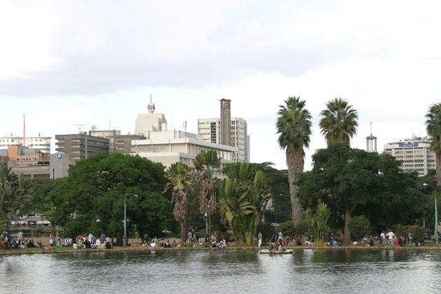 General view of Uhuru Park, looking across artificial lake towards downtown