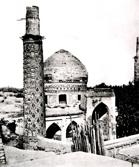 Elevated view showing minaret and portal
