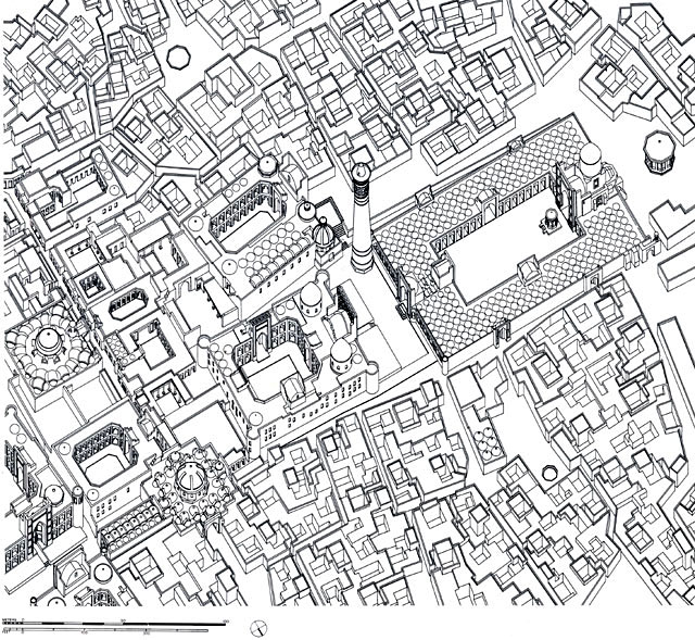 Axonometric view of the complex in its urban context