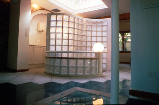Interior, curved glass-wall