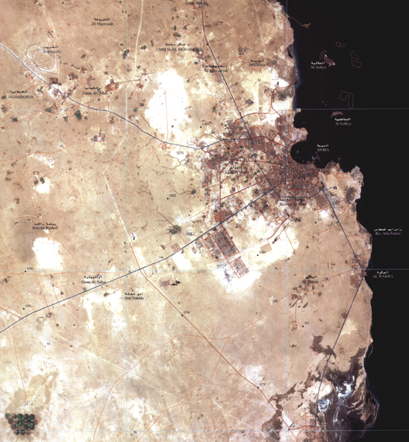 Annotates satellite view of Doha Bay