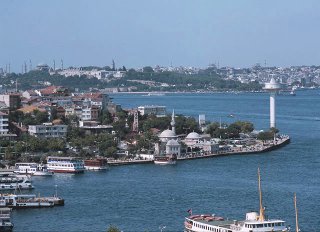 General view of Üsküdar, with Semsi Ahmed Pasa Complex along the waterfront. The historic peninsula with the Topkapi Palace and Hagia Sophia are seen across the Bosphorus