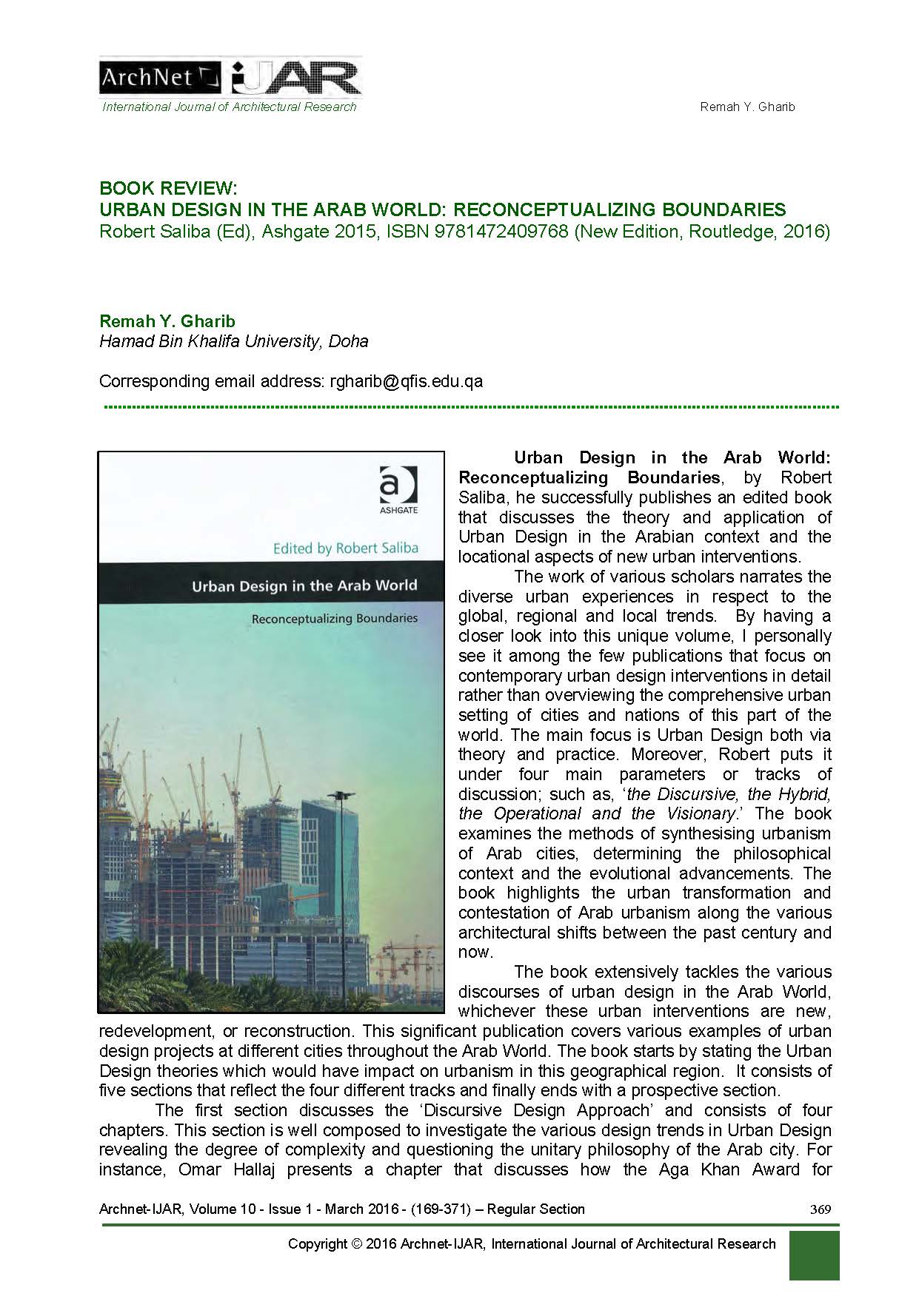 Book Review: Urban Design in the Arab World: Reconceptualizing Boundaries (by Robert Saliba)