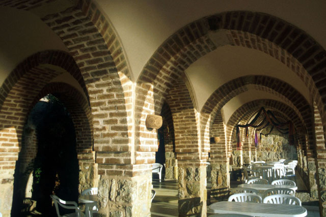 Exterior view under covered, arched seating area