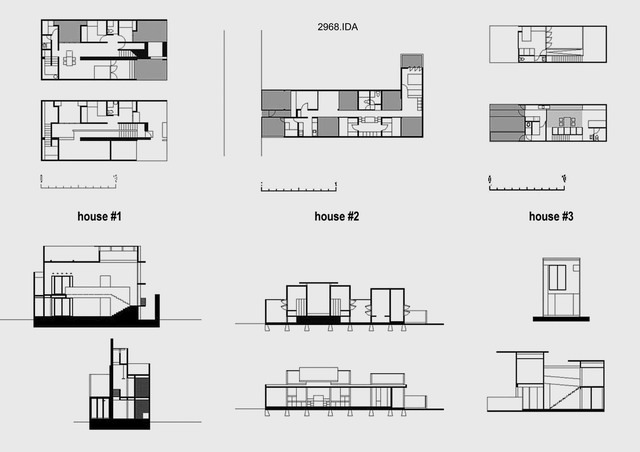 Presentation panel with floor plans, elevation and section drawings of Houses #1, #2 and #3