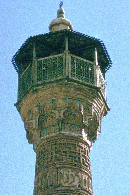 Detail of minaret, showing balcony and canopy