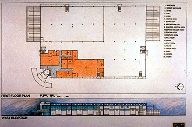 Color drawing, first floor plan and west elevation