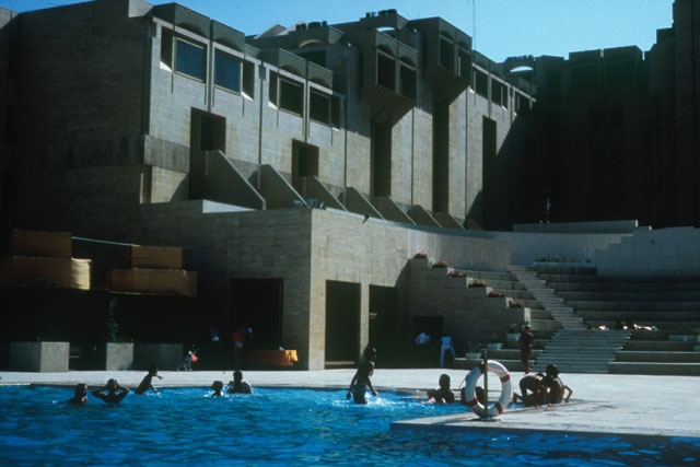 Exterior view showing pool in use
