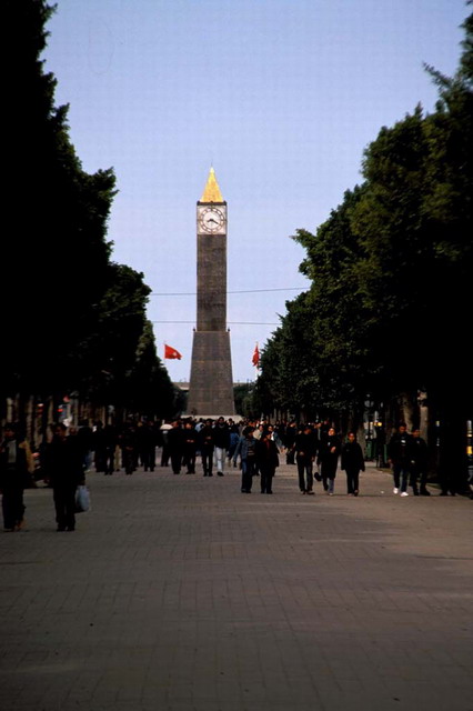 Horloge De L'avenue Habib Bourguiba - Pedestrian avenue, monument in background general view, Habib Bourguiba Avenue