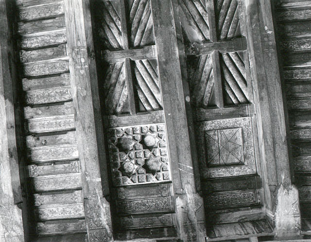 Interior detail; carved and painted wooden ceiling