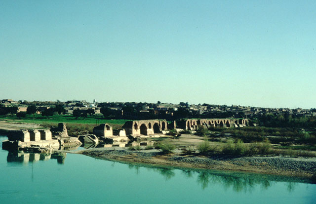 View of river and ruined bridge