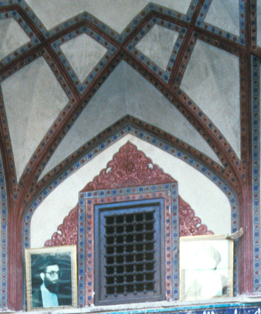 Detail view of portal; painted decoration of semi-vault