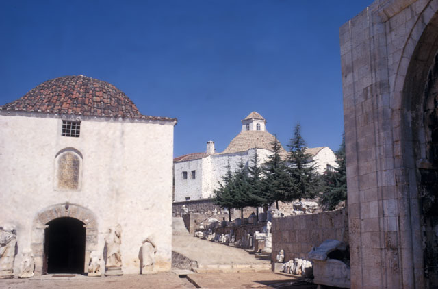 Exterior view looking northwest, with mosque (left) and the remaining portal of Ataman madrasa (right). The dervish lodge appears in the background