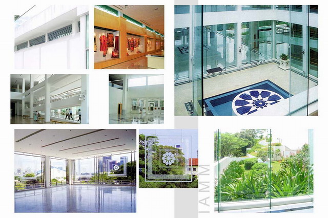 Presentation panel with photographs of the interior, circulation ramp, glass panels decorative motifs on glass panels