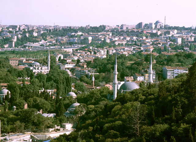 General view of Eyüp with Shah Sultan Mosque seen at center, with short brick minaret. Zal Mahmud Pasa Mosque appears up the hill to its left. The twin minarets of Eyüp Sultan Mosque are seen in the foreground