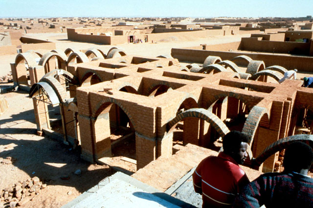 View form rooftop showing arrangement of cubes and arches
