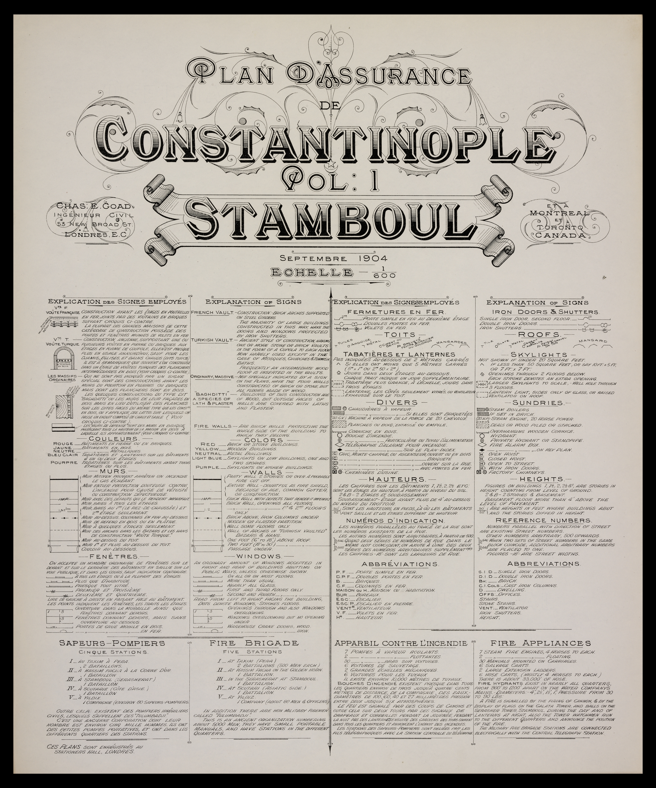 Explication des Signes Employes (Explanation of Signs), Plan d'Assurance de Constantinople, Vol. I, Stamboul