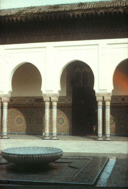 View of courtyard fountain and arcade