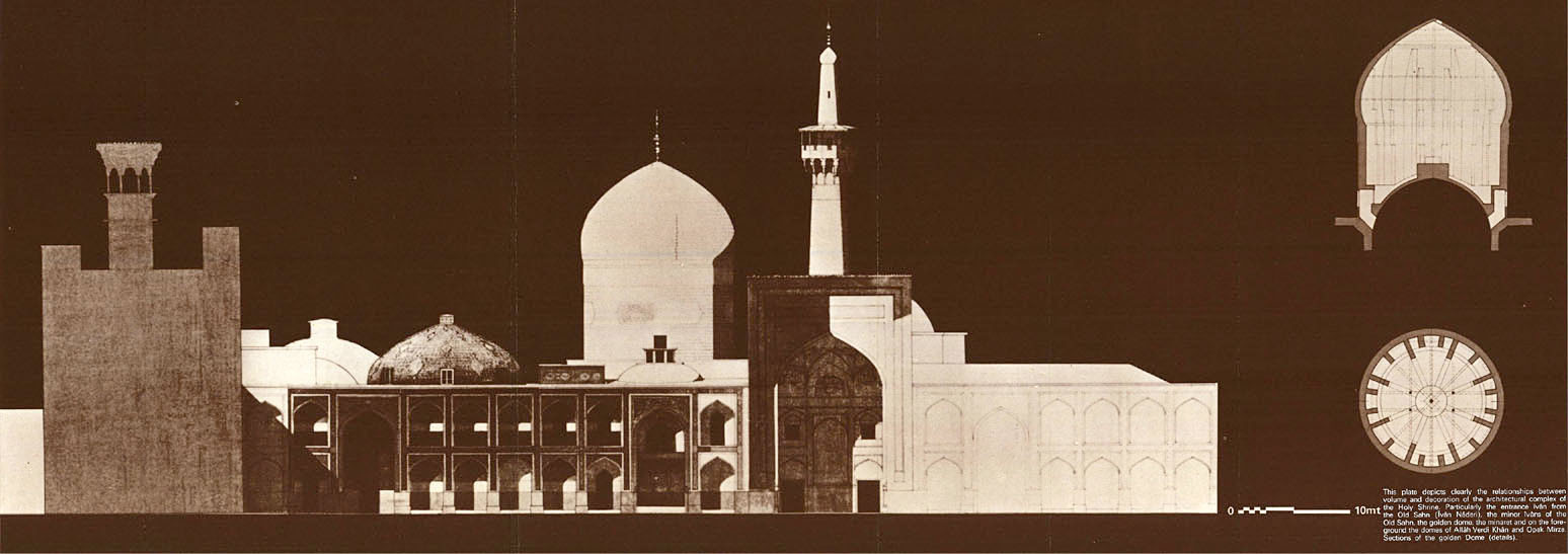 Drawing depicting the relationships between various volumes of the shrine complex, and in particular the entrance iwan from the old courtyard (Iwan Naderi), the minor iwans of the old courtyard, the golden dome, the minaret and the domes of Allah Verdi Khan and Opak Mirza (foreground). On the right, sections of the golden dome