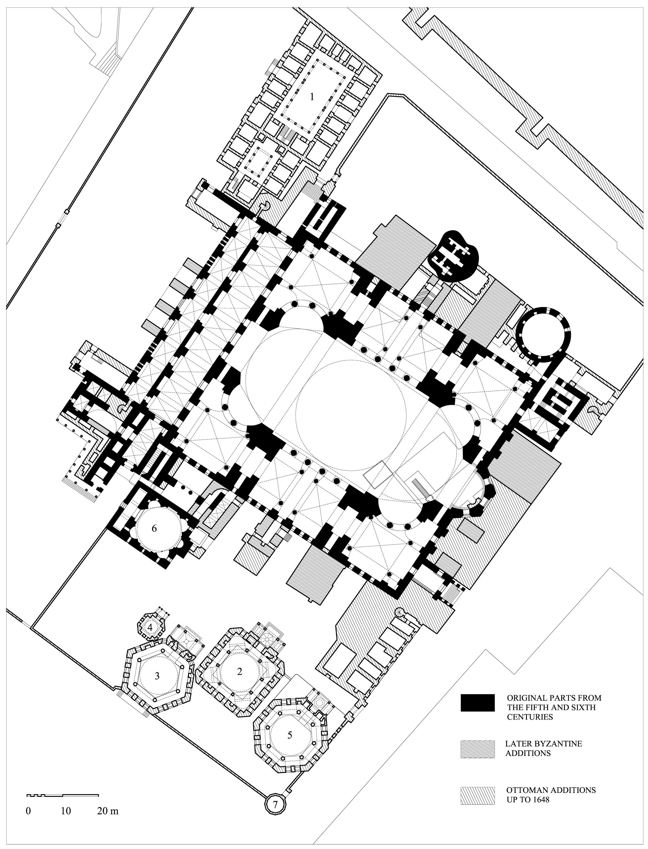 Hagia Sophia - Floor plan of Hagia Sophia in the seventeenth century, showing (1) madrasa (1453-81), (2) mausoleum of Selim II (1576-77), (3) mausoleum of Murad III (1599-1600), (4) undated mausoleum of princes, (5) mausoleum of Mehmed III (1608-9), (6) baptistery, (7) domed sabil. DWG file in AutoCAD 2000 format. Click the download button to download a zipped file containing the .dwg file.