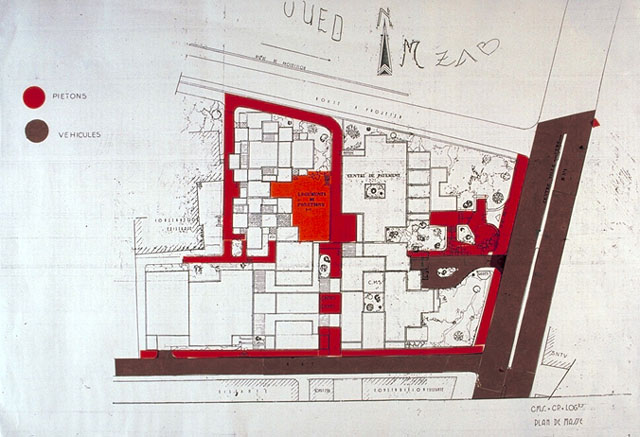 Social Medical Center - Colour drawing, plan showing pedestrian and vehicular routes