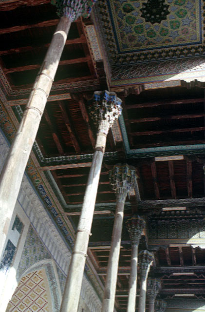 View of the wooden, coffered, ceiling