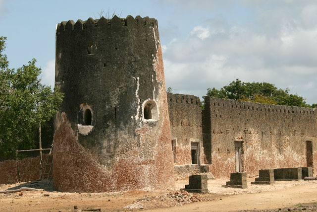 Exterior view of restored fort bastion and fort entrances