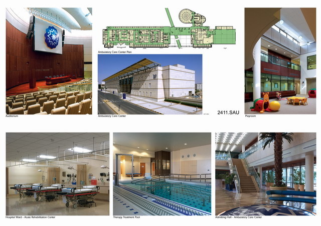 Presentation panel with floor plan, exterior view of the ambulatory care center, and interior views