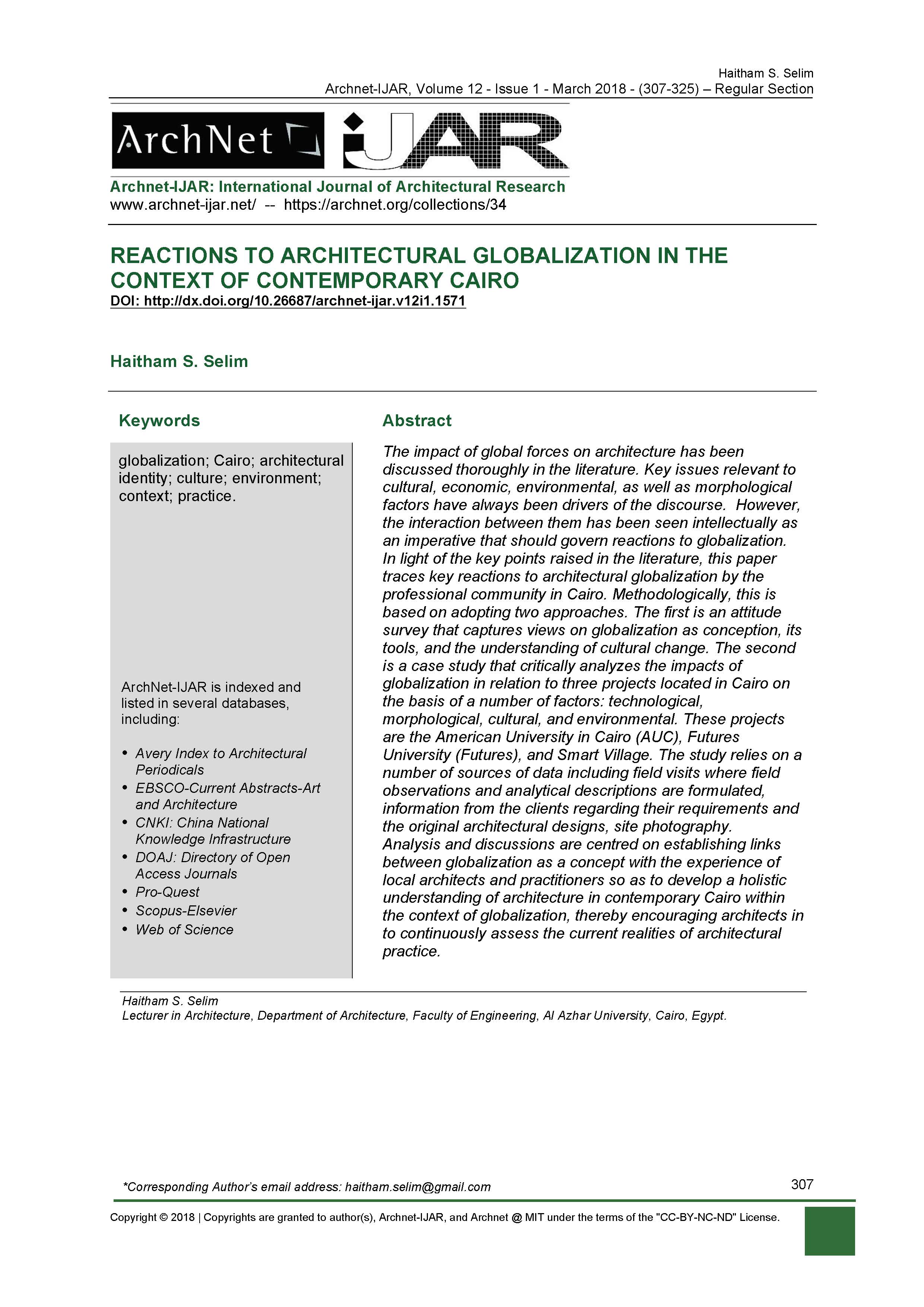 Reactions to Architectural Globalization in the Context of Contemporary Cairo