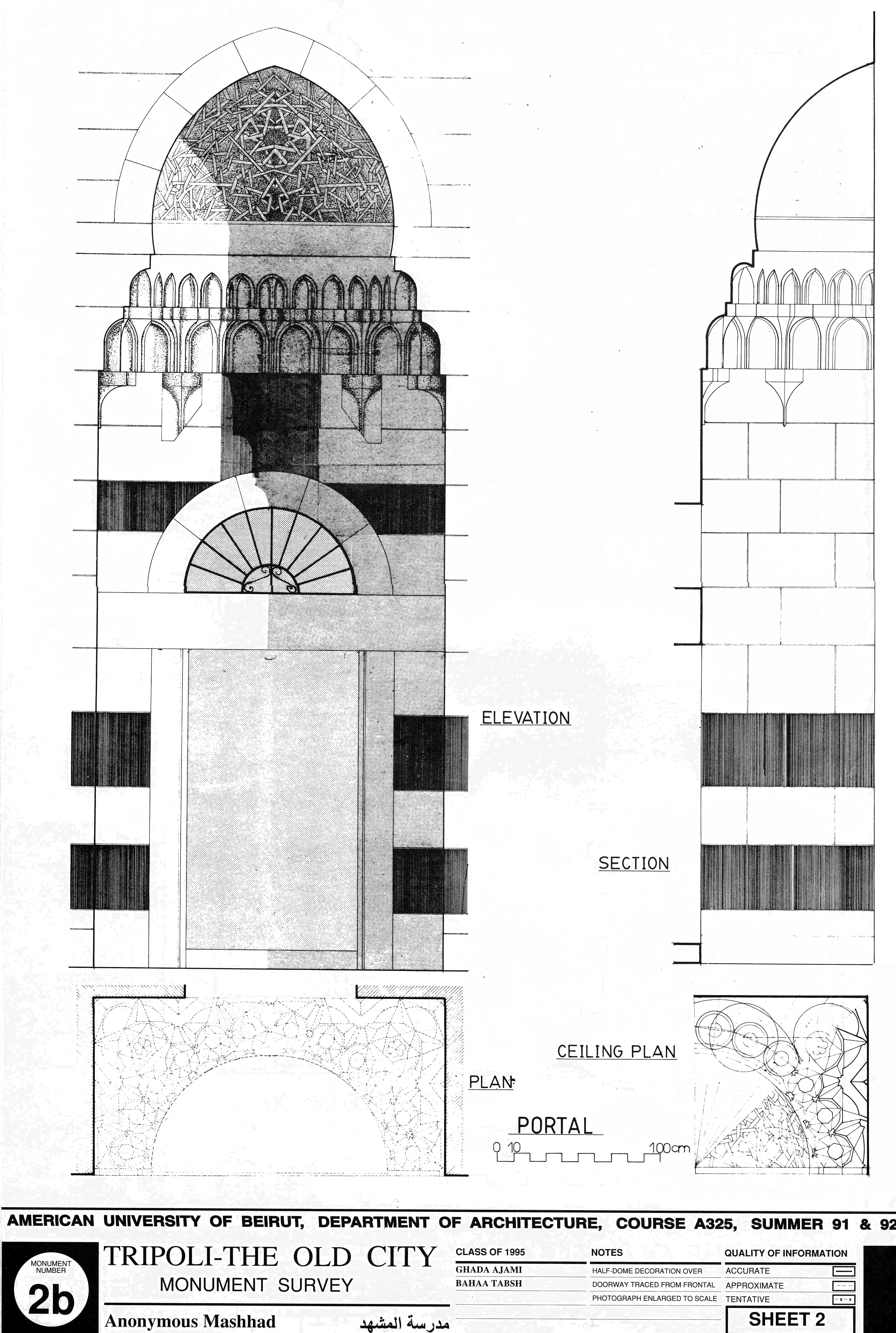 Anonymous Mashhad - Drawing of the building, based on survey: Portal plan, ceiling plan, elevation and section.
