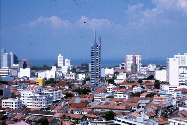 Aerial view, showing tower in urban context