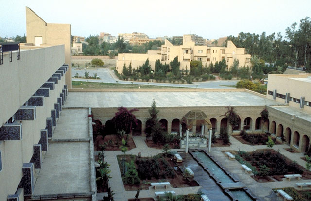 Aerial view over the courtyard looking toward the staff housing