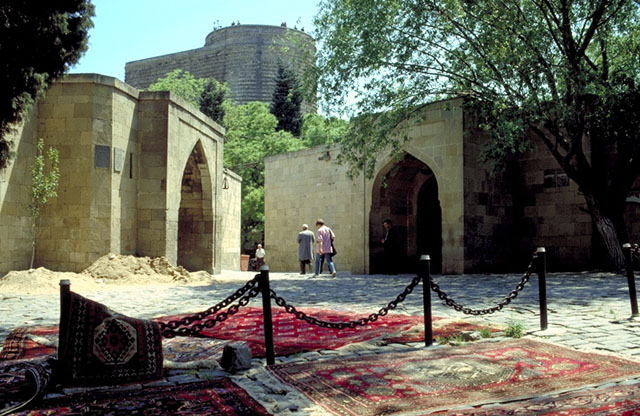Exterior view with two caravanserais seen in foreground