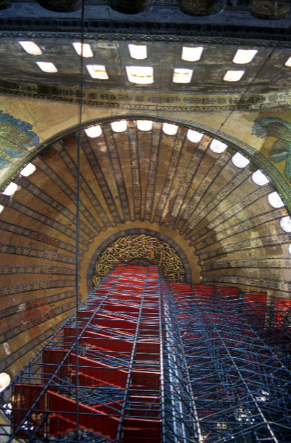 View up the scaffolding to the underside of the main dome