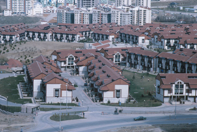 Aerial view showing rows of modular housing