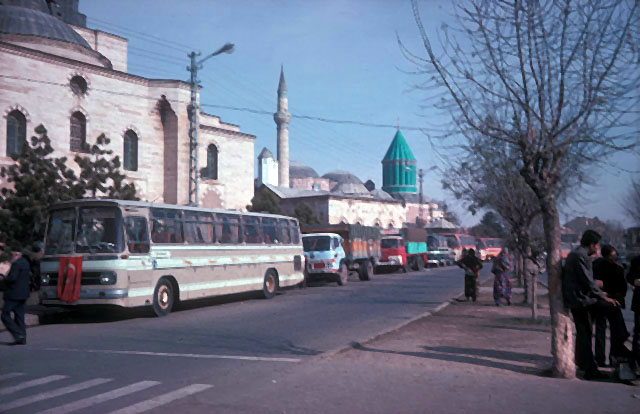 Distant view from southwest, with the Selimiye Mosque in the left background. The buses in the foreground are used to transport visitors to the shrine