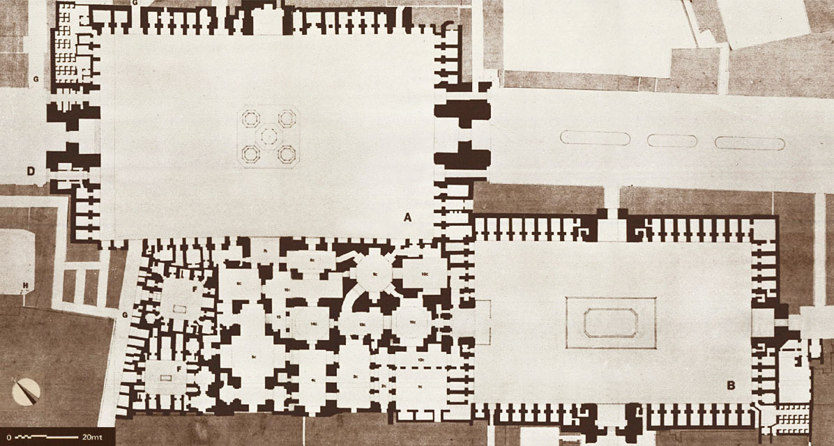 Floor plan of complex including the old (left) and new courtyards