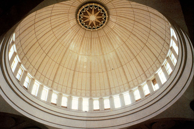 Interior detail showing ribbed dome and windows along rim