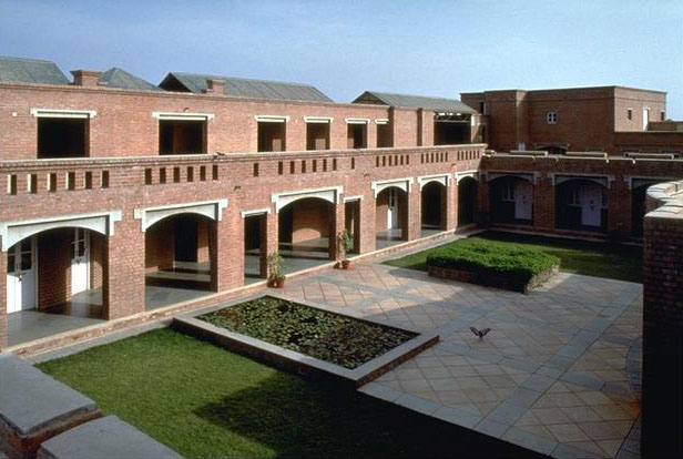 Entrepreneurship Development Institute of India - Façade with covered galleries from landscaped courtyard