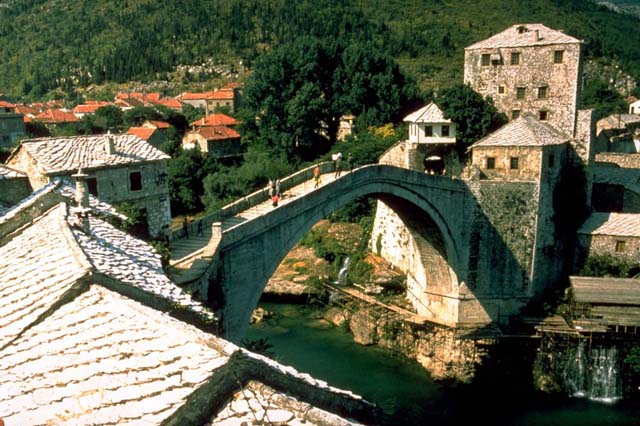 View of the Old Bridge from the eastern bank of the Neretva River