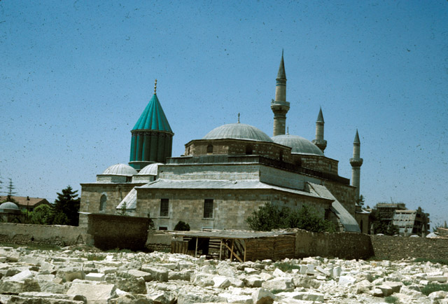 General view from east-northeast showing green-domed shrine to the left of domed <i>semahane</i>