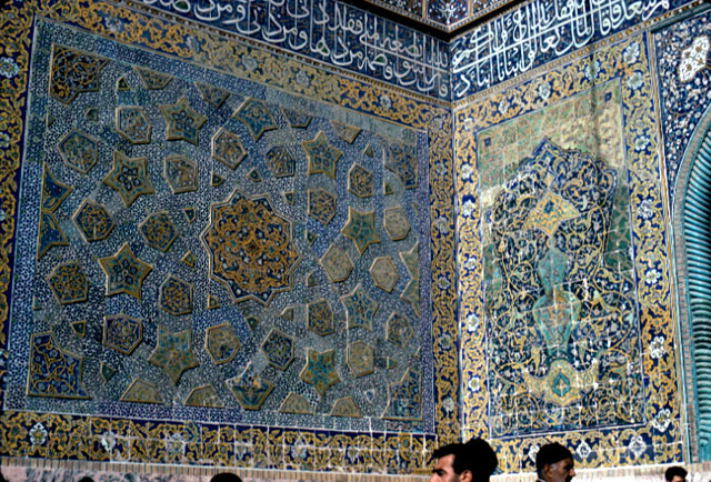 Imam Reza Shrine Complex: Sahn-e Engelab - Detail view of the tile decoration in the eastern iwan