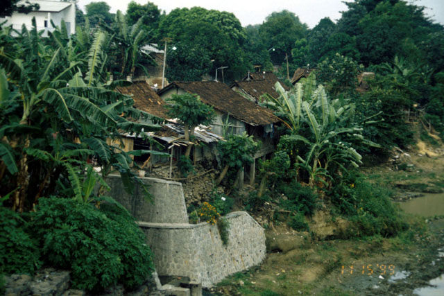 Exterior view showing dilapidated pitched roofs and overgrown garden